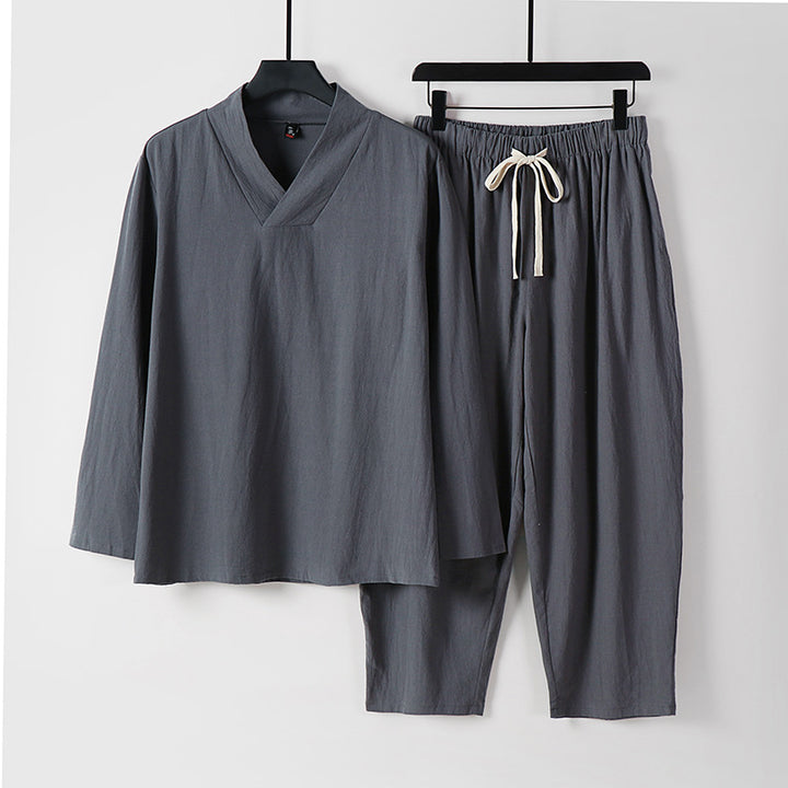 Herren Leichtes, weites Loungewear-Set mit V-Ausschnitt und Kordelbund Drune
