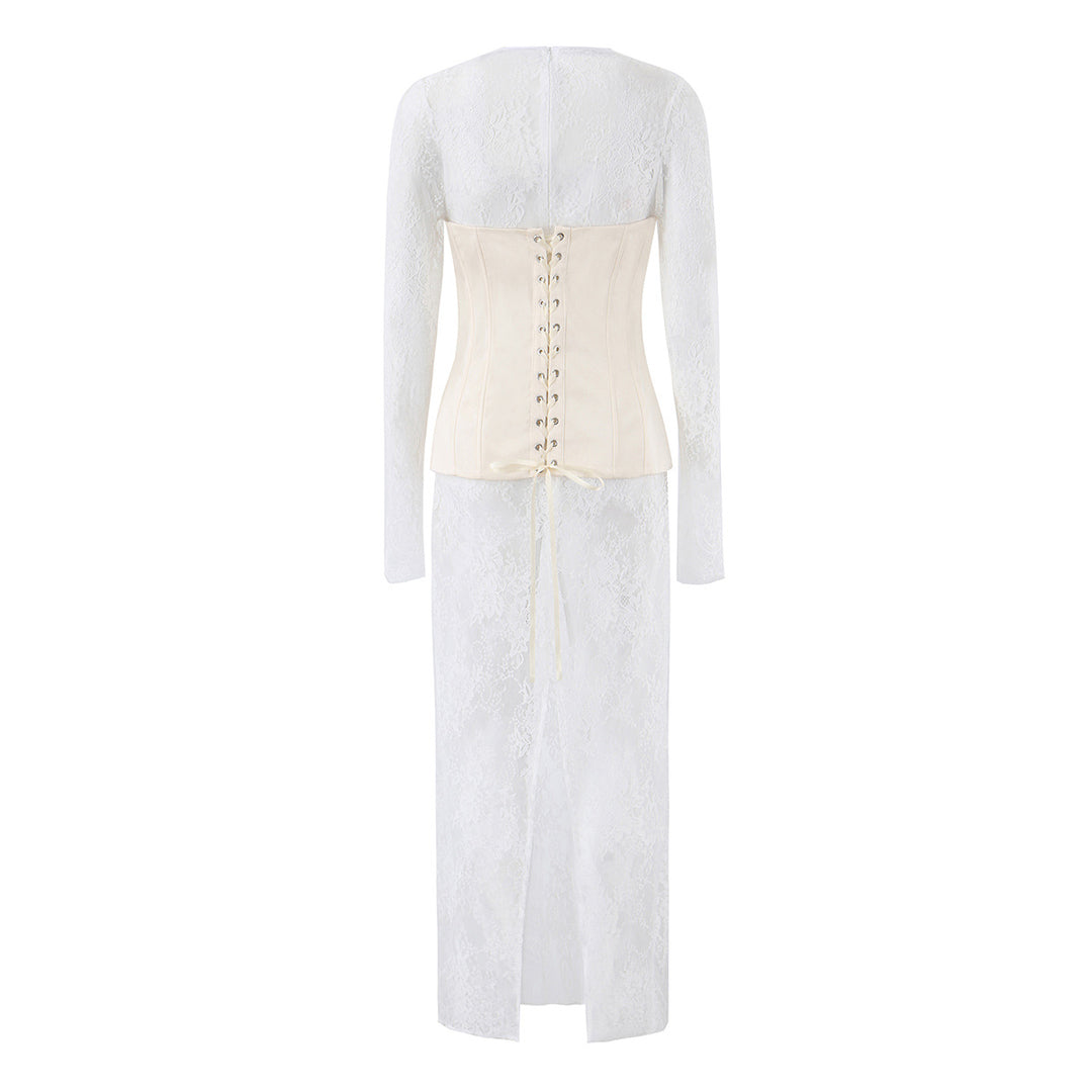 Damen Spitzen‑Maxikleid mit Korsett‑Oberteil und langen Ärmeln Drune