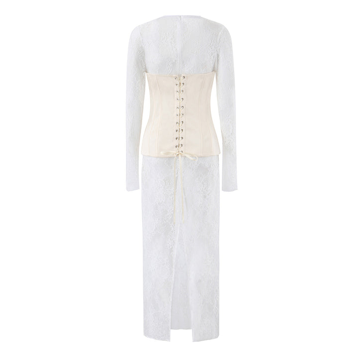 Damen Spitzen‑Maxikleid mit Korsett‑Oberteil und langen Ärmeln Drune