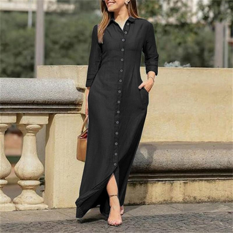 Damen Maxikleid Hemdblusenkleid mit Knopfleiste und Seitentaschen Drune