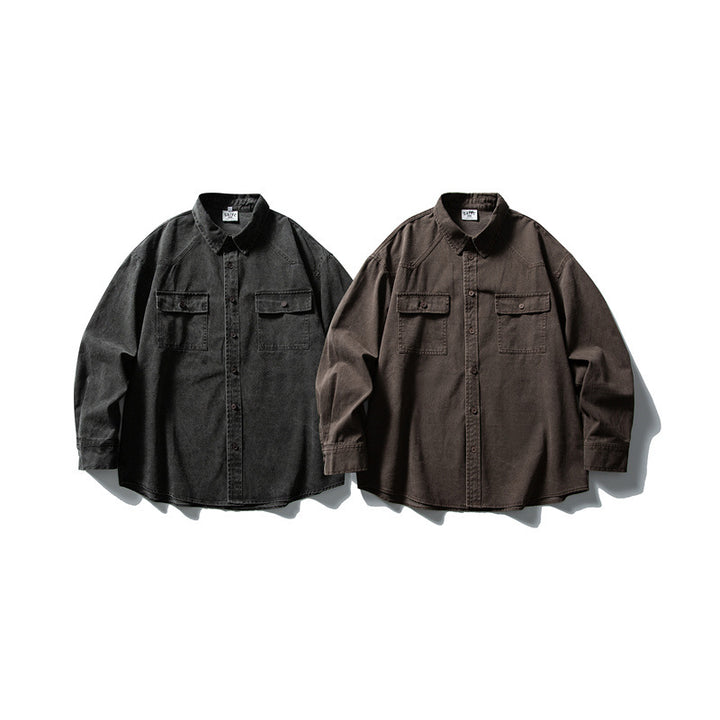 Unisex Oversize Baumwoll-Denim Hemdjacke mit aufgesetzten Brusttaschen und gerundetem Saum Drune