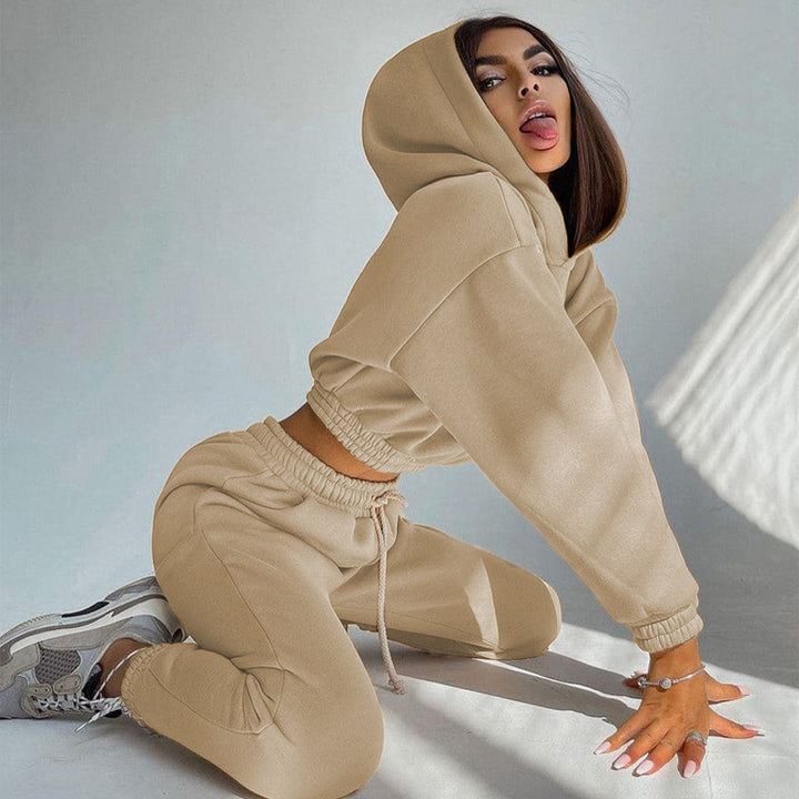 Damen cropped Kapuzen-Sweatset mit elastischem Rippbund und High-Waist Jogginghose Drune