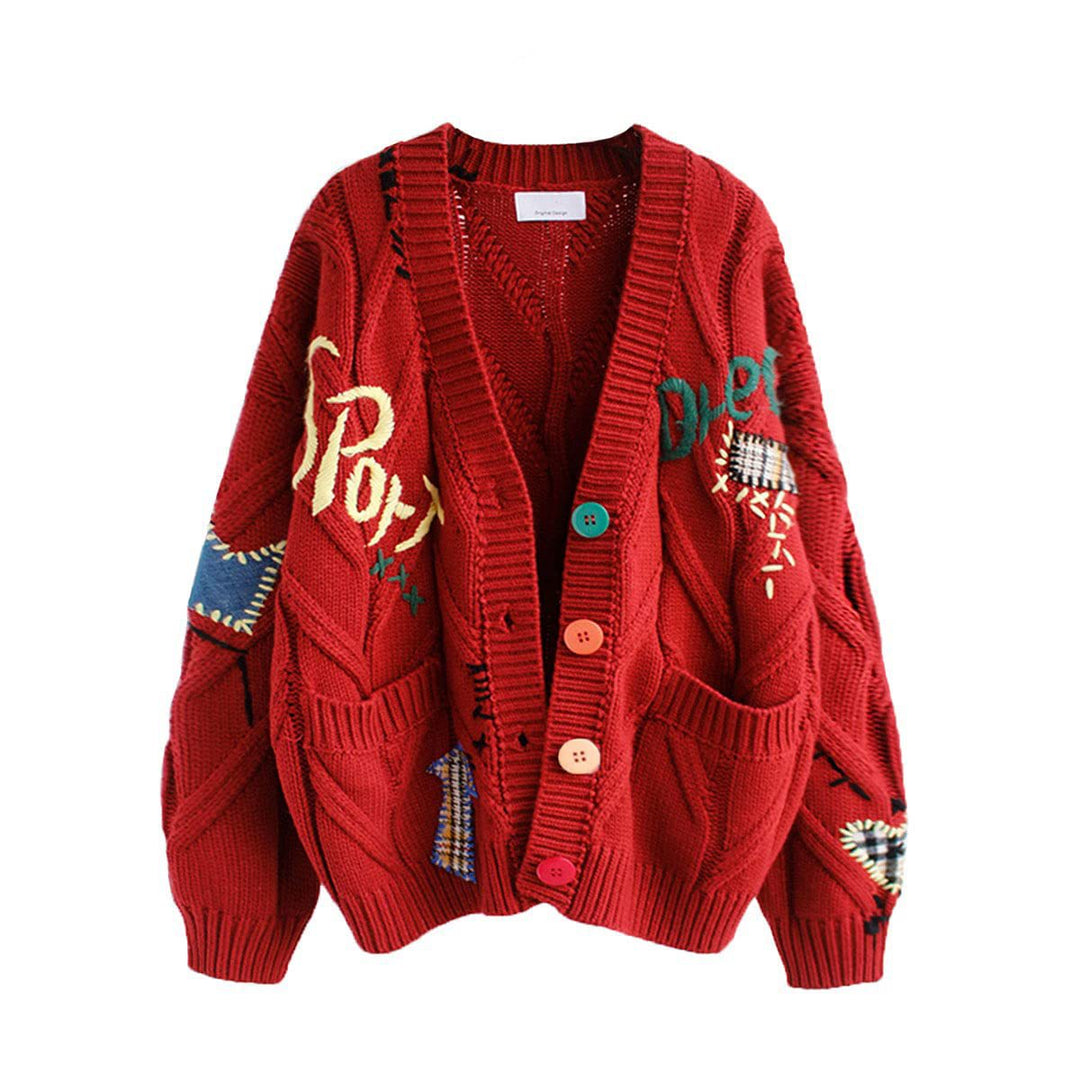Damen Stylischer Strickcardigan mit bunten Knöpfen und aufwendigem Design