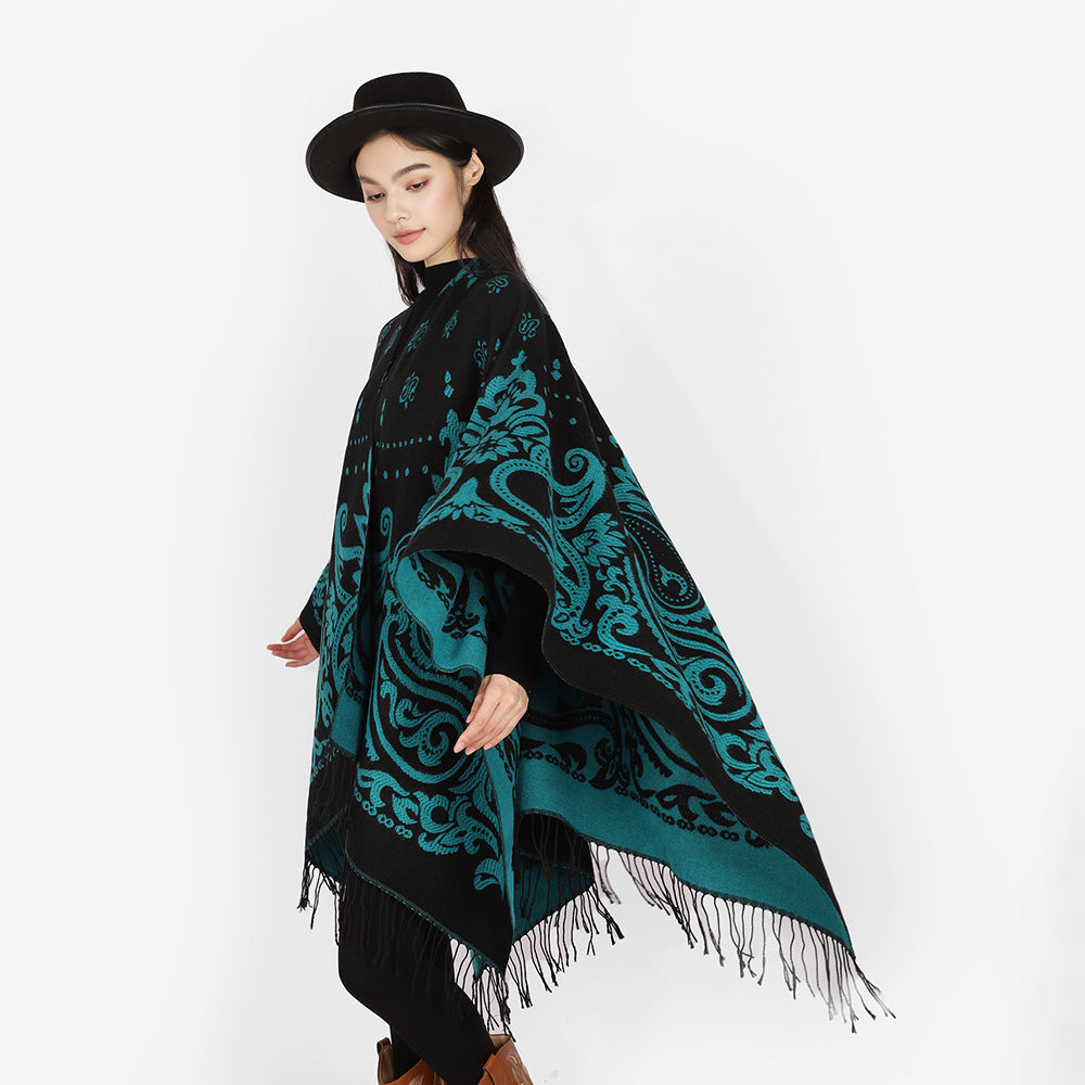 Damen Opulenter Jacquard‑Poncho im Kaftan‑Stil mit Fransen und Paisley‑Relief Drune