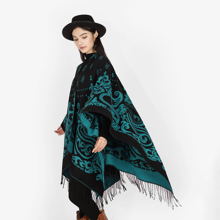 Damen Opulenter Jacquard‑Poncho im Kaftan‑Stil mit Fransen und Paisley‑Relief Drune