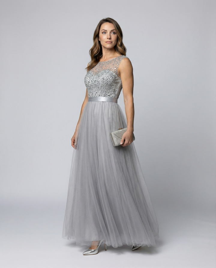 Drune | Herz-Ausschnitt Maxi Ombre Grau Kleid mit Schaufel-Bodice