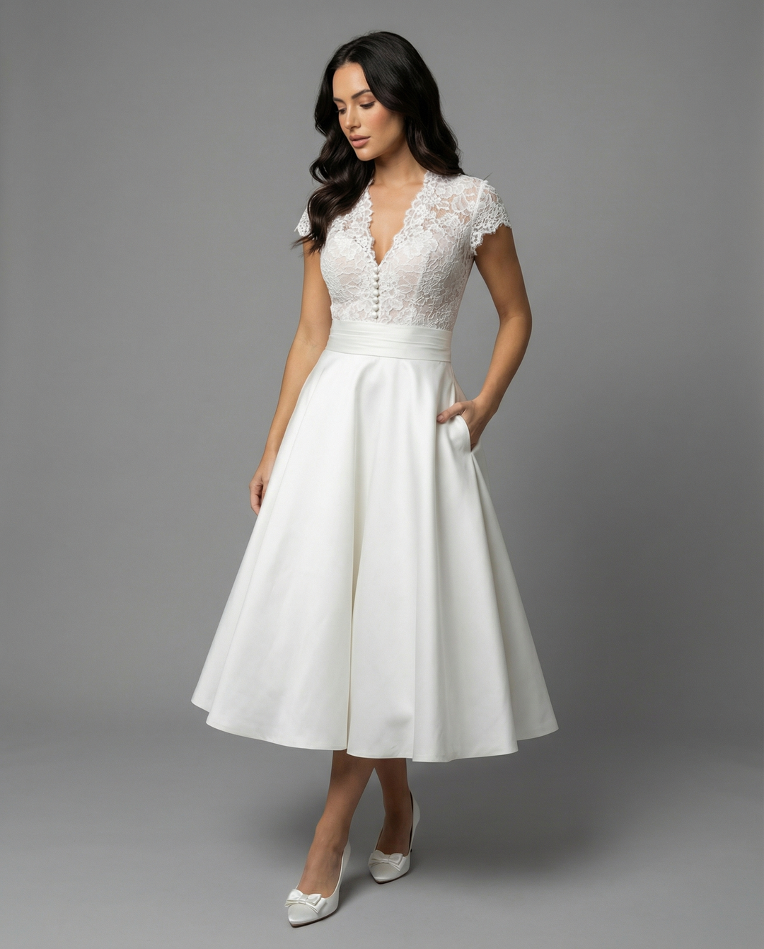 Damen Hochwertiges Hochzeitskleid mit Spitzendetails und schwingendem Rock Drune