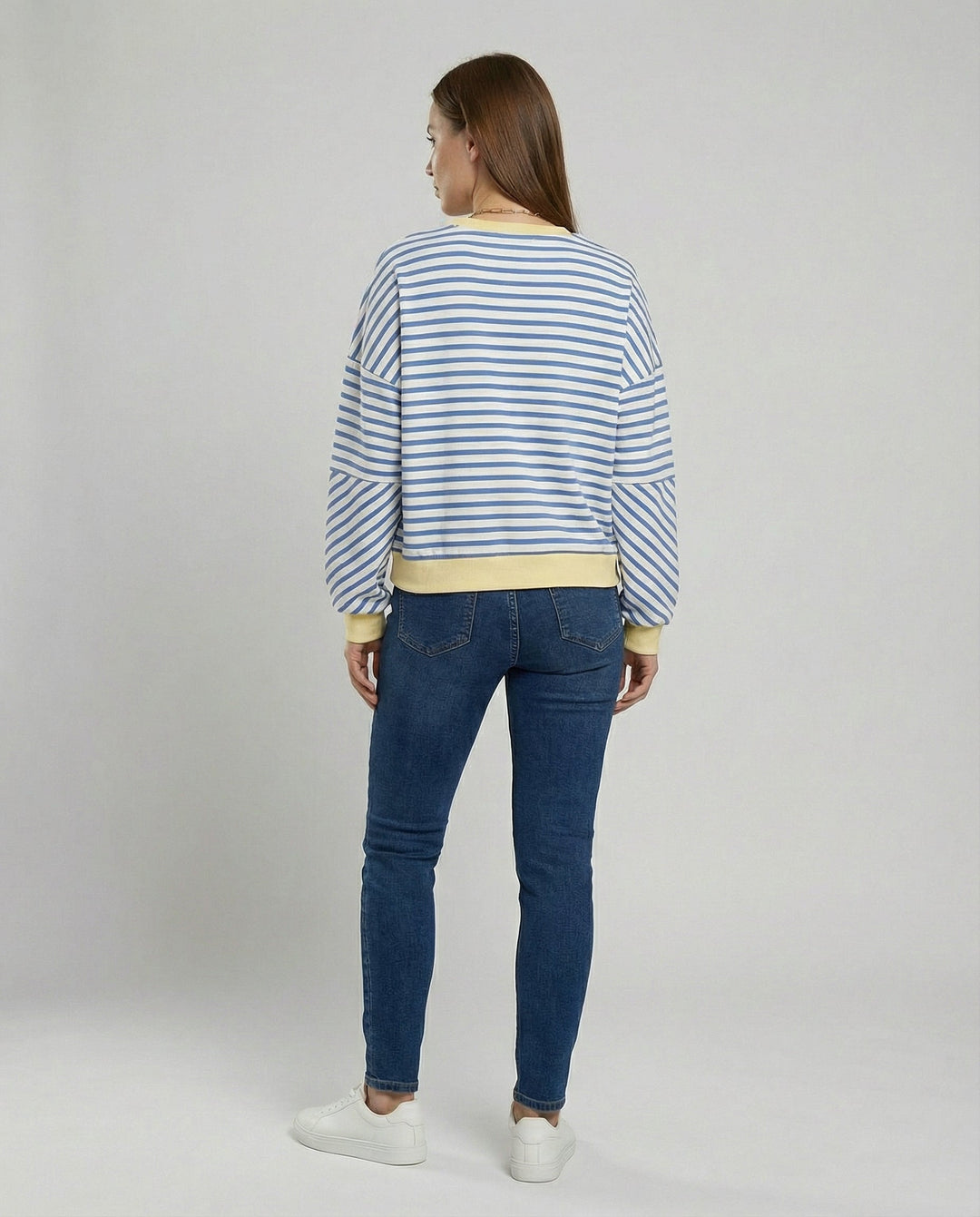 Damen lässiges gestreiftes Sweatshirt mit Boxy-Schnitt und kontrastierenden Abschlüssen Drune