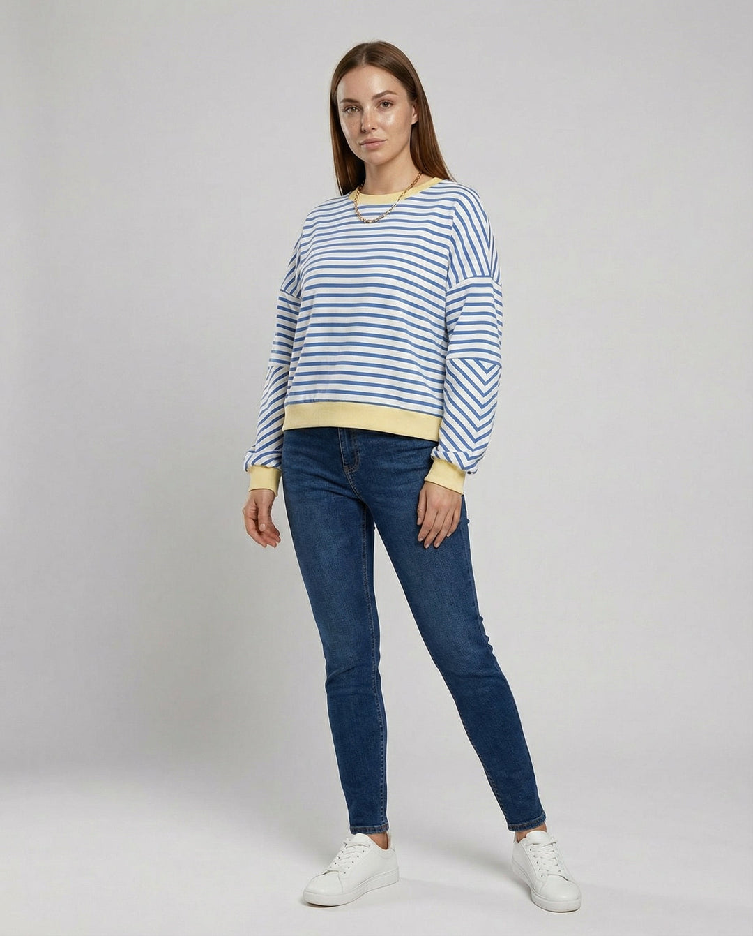 Damen lässiges gestreiftes Sweatshirt mit Boxy-Schnitt und kontrastierenden Abschlüssen Drune