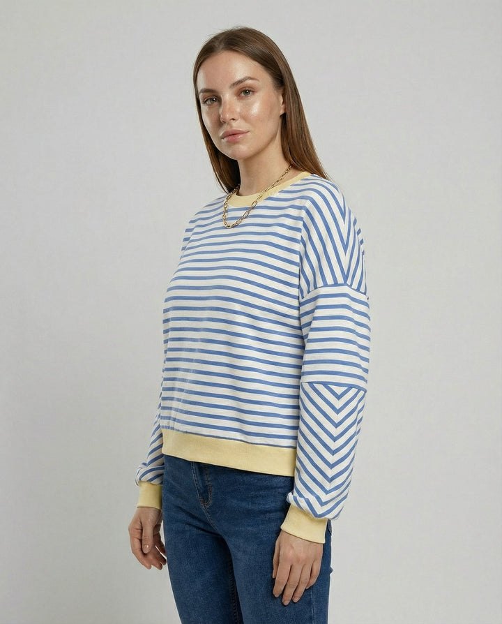 Damen lässiges gestreiftes Sweatshirt mit Boxy-Schnitt und kontrastierenden Abschlüssen Drune