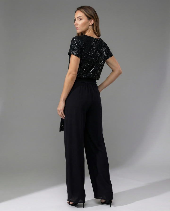 Damen Glitzernder Jumpsuit mit weitem Bein und Taillengürtel Drune