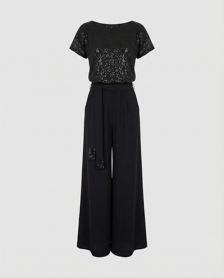 Damen Glitzernder Jumpsuit mit weitem Bein und Taillengürtel Drune