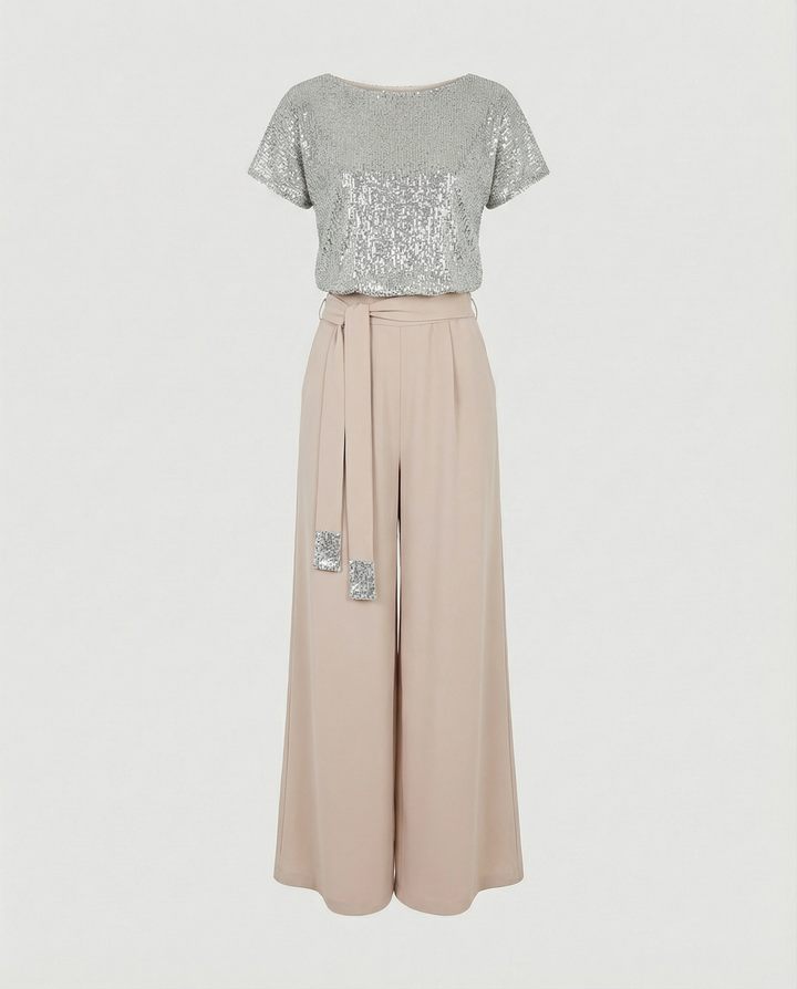 Damen Glitzernder Jumpsuit mit weitem Bein und Taillengürtel Drune