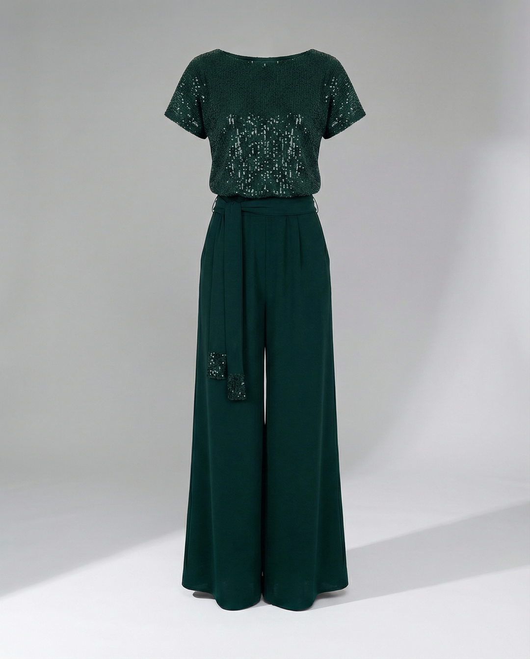 Damen Glitzernder Jumpsuit mit weitem Bein und Taillengürtel Drune