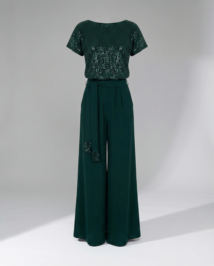 Damen Glitzernder Jumpsuit mit weitem Bein und Taillengürtel Drune
