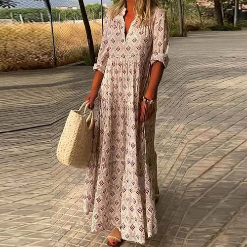 Drune | Gemustertes V-ausschnitt Boho Maxikleid Für Damen