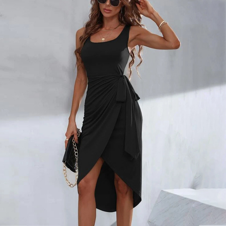 Drune | Elegantes Midikleid mit asymmetrischem Bindegürtel