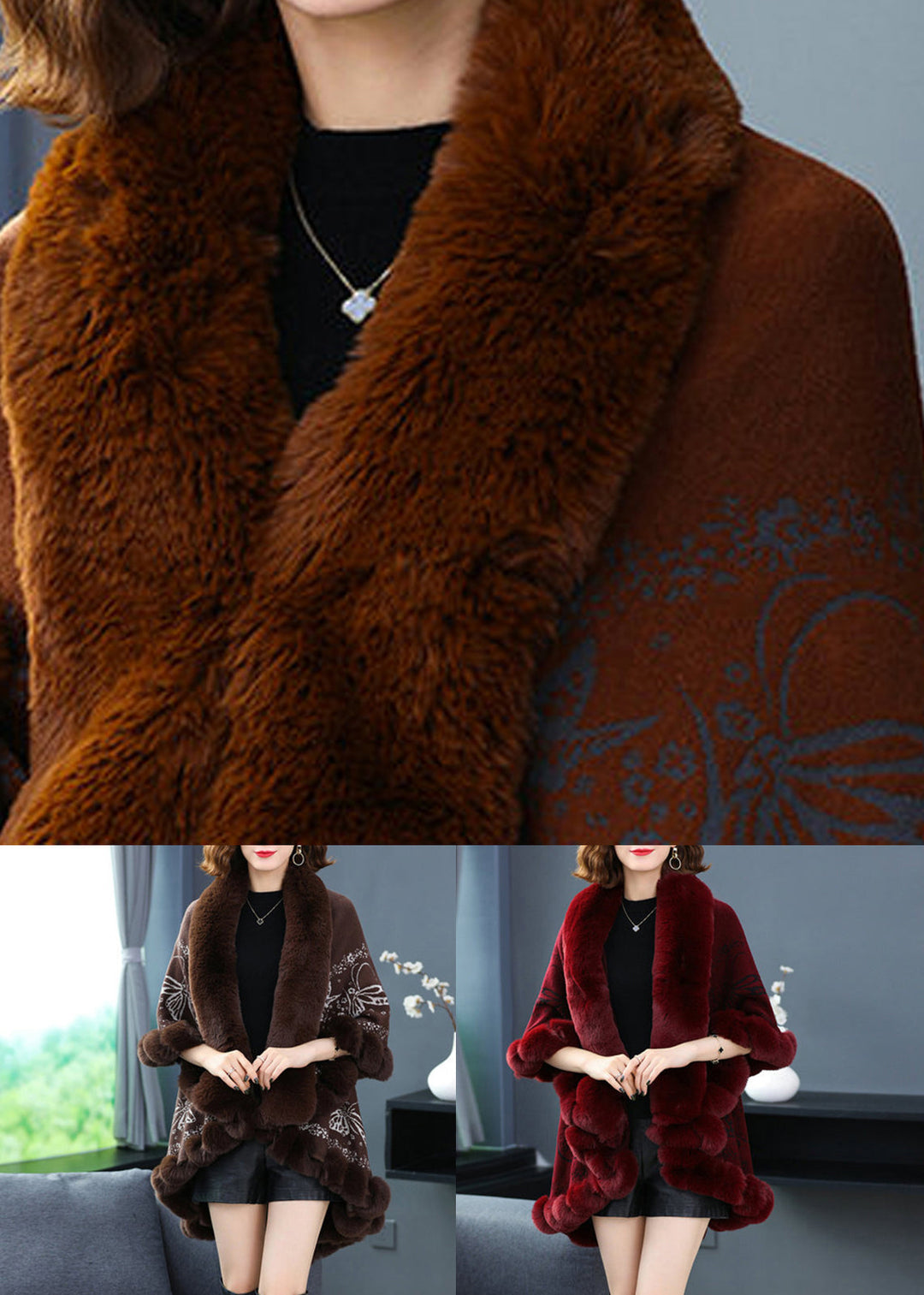 Drune | Karamell V-Ausschnitt Druck Niedrig Hoch Design Patchwork Wollmäntel