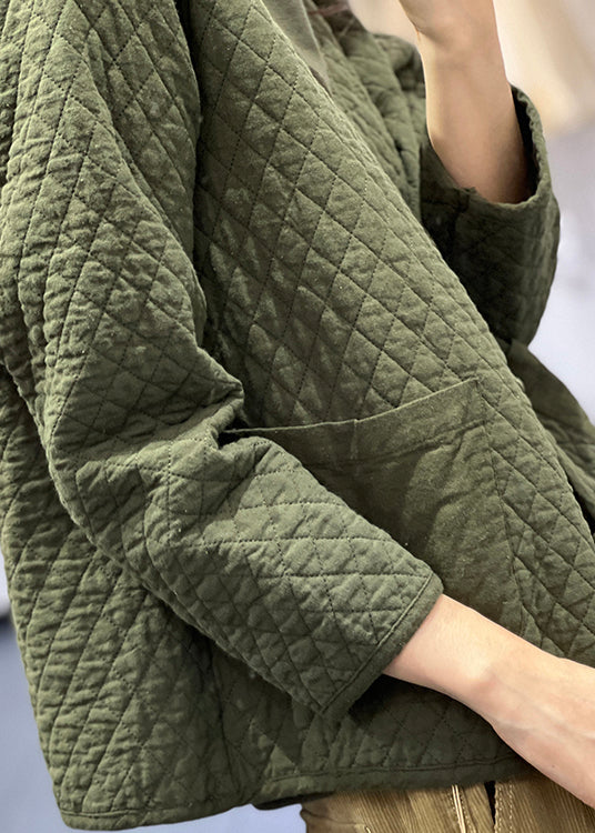 Drune | Grüne V-Ausschnitt Taschen Knopf Feine Baumwollgefüllte Jacken Winter