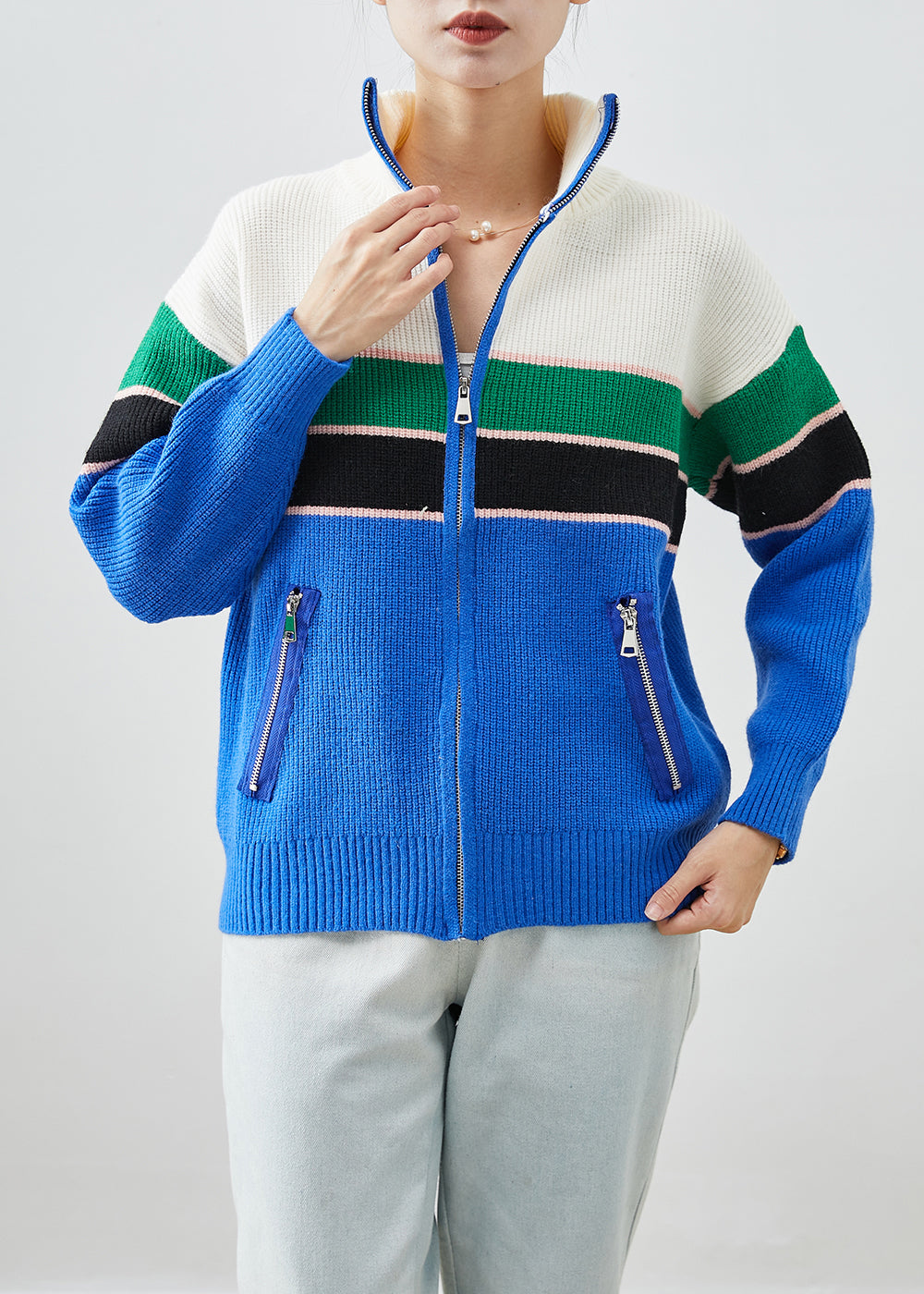 Drune | Design Blaue Zip-Up Patchwork Strickmäntel