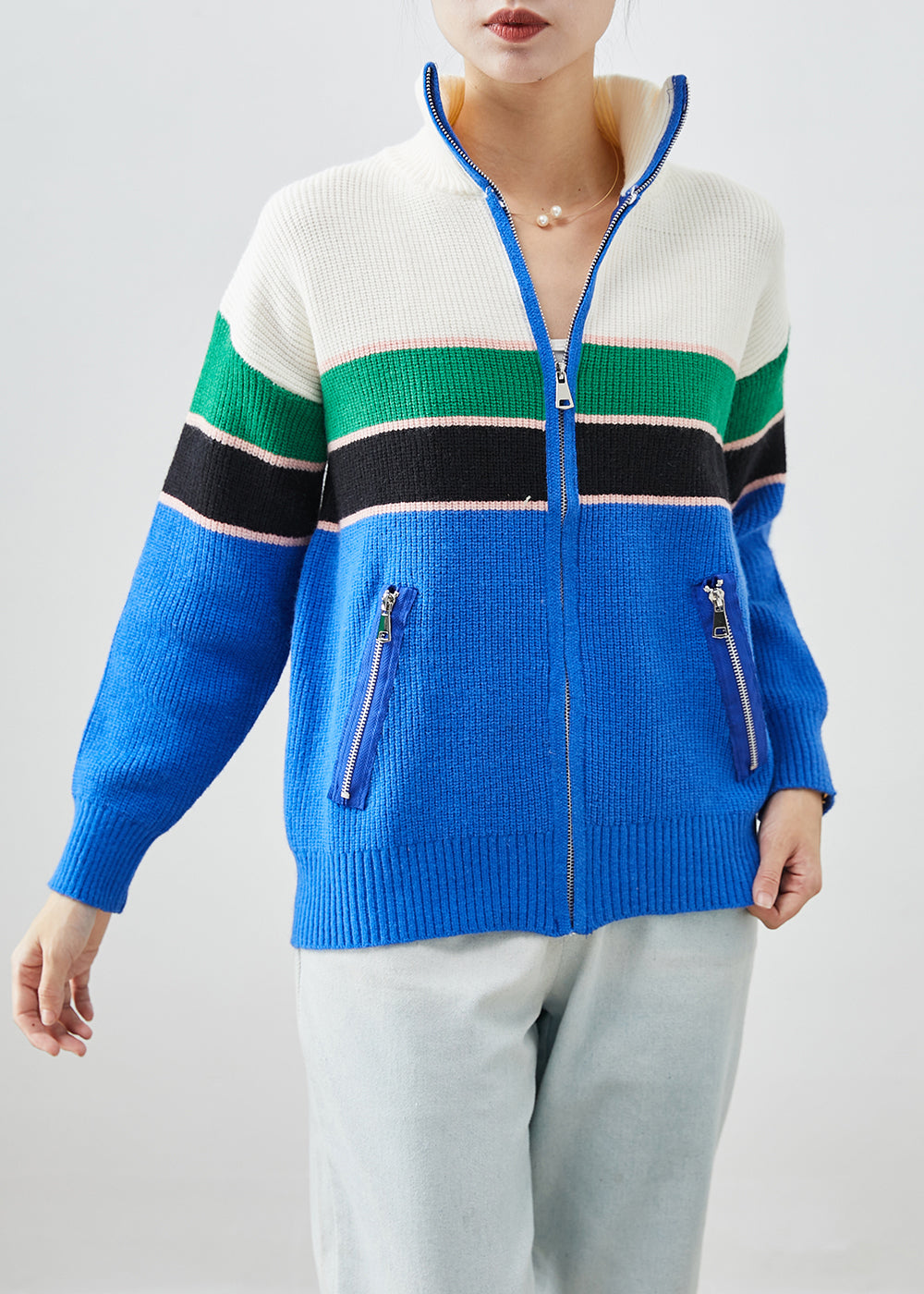 Drune | Design Blaue Zip-Up Patchwork Strickmäntel