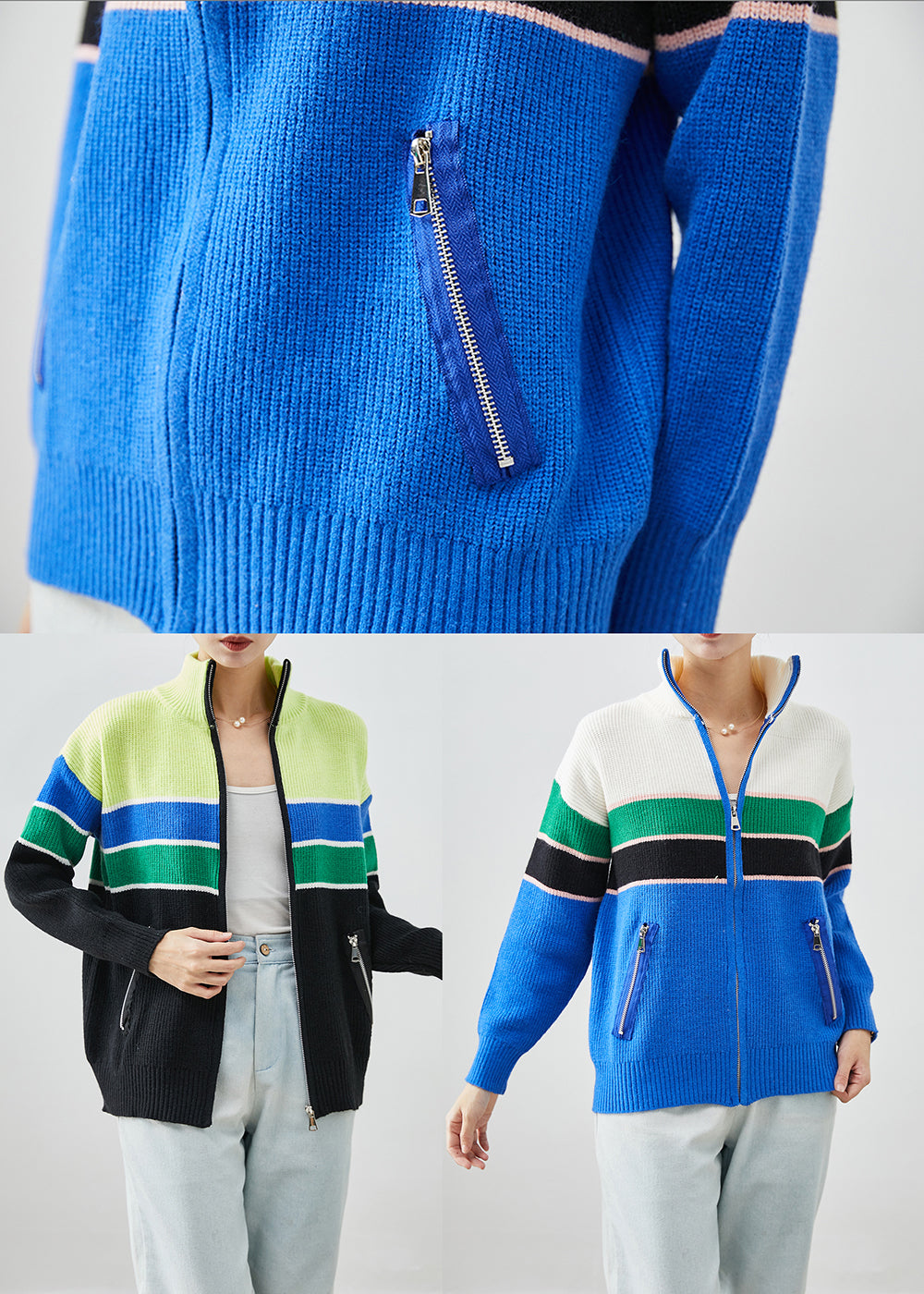 Drune | Design Blaue Zip-Up Patchwork Strickmäntel