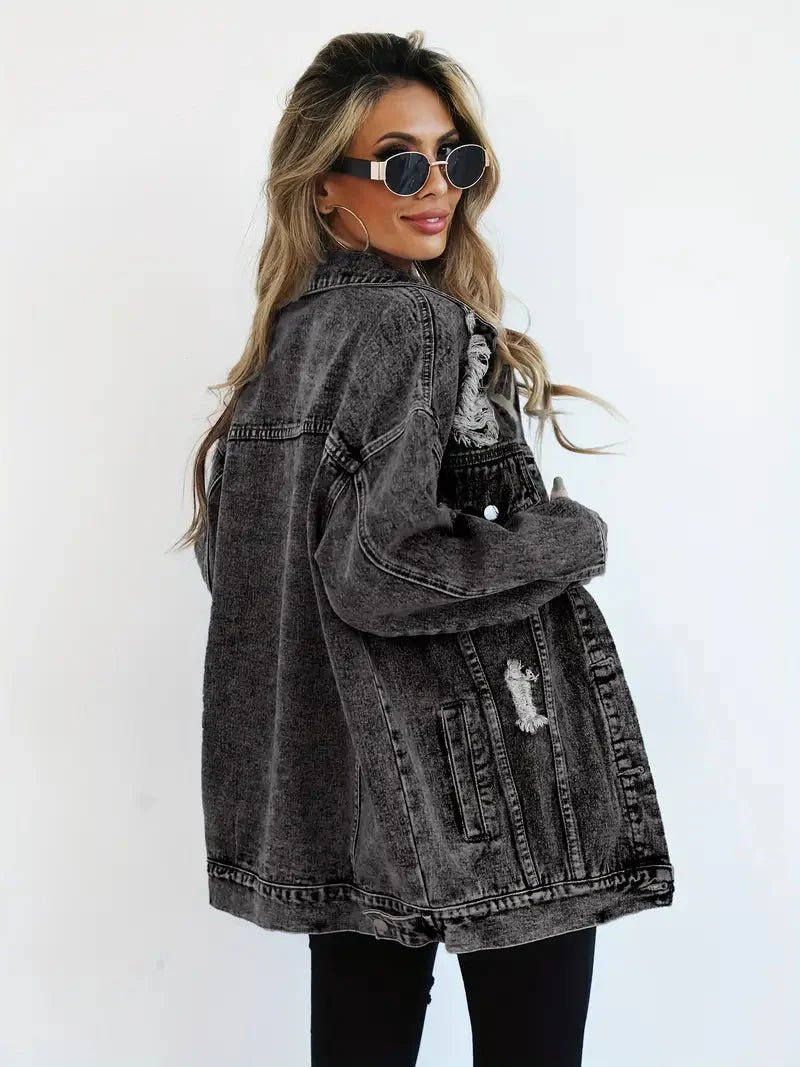 Drune | Denim Jacke Zerfetzt Lockere Passform Denim Jacke Damenjacke