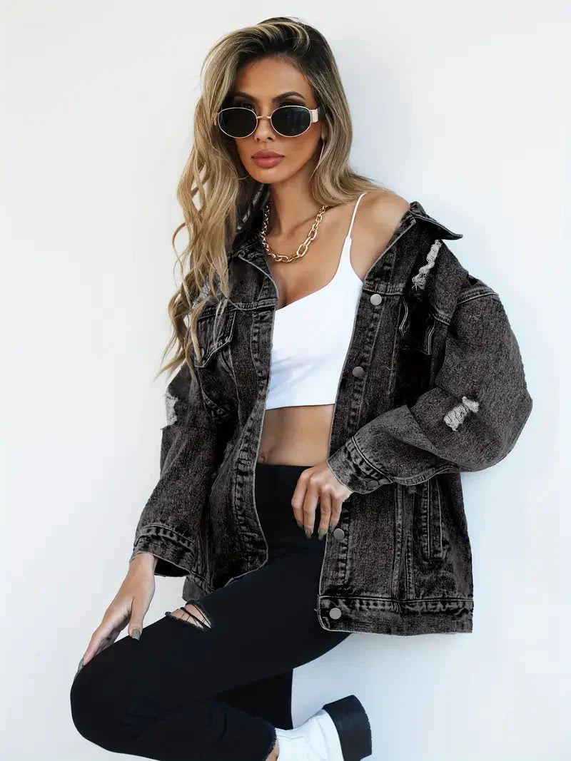 Drune | Denim Jacke Zerfetzt Lockere Passform Denim Jacke Damenjacke