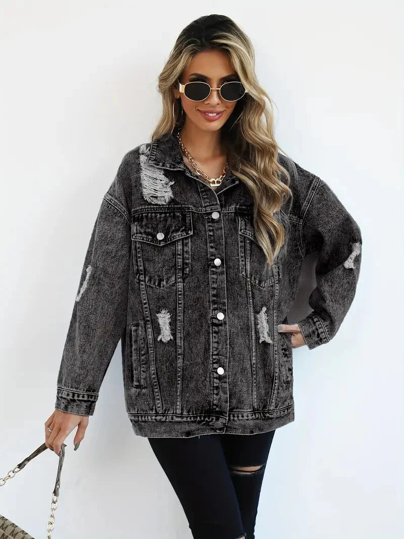 Drune | Denim Jacke Zerfetzt Lockere Passform Denim Jacke Damenjacke