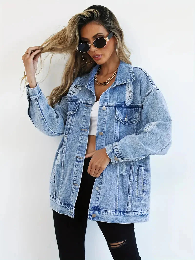 Drune | Denim Jacke Zerfetzt Lockere Passform Denim Jacke Damenjacke