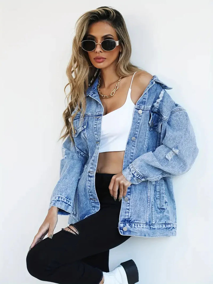 Drune | Denim Jacke Zerfetzt Lockere Passform Denim Jacke Damenjacke