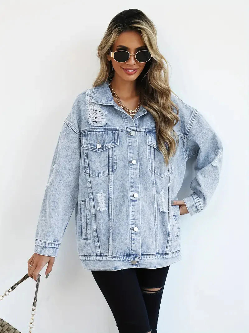 Drune | Denim Jacke Zerfetzt Lockere Passform Denim Jacke Damenjacke