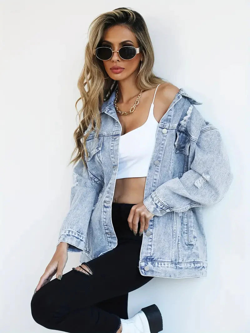 Drune | Denim Jacke Zerfetzt Lockere Passform Denim Jacke Damenjacke