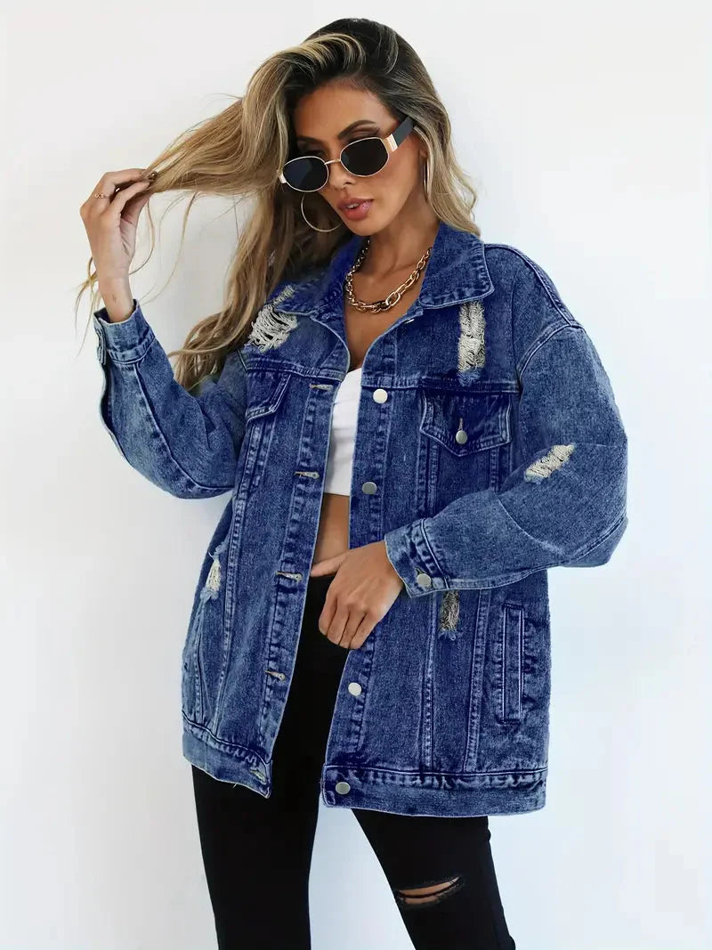 Drune | Denim Jacke Zerfetzt Lockere Passform Denim Jacke Damenjacke