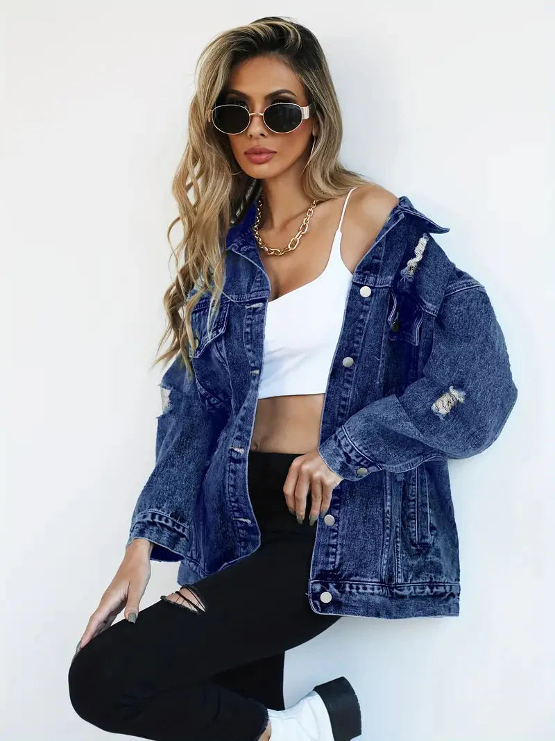 Drune | Denim Jacke Zerfetzt Lockere Passform Denim Jacke Damenjacke