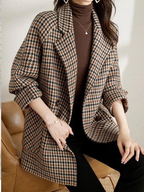 Drune | Damen Vintage Trenchcoat mit Karomuster und doppelten Knöpfen