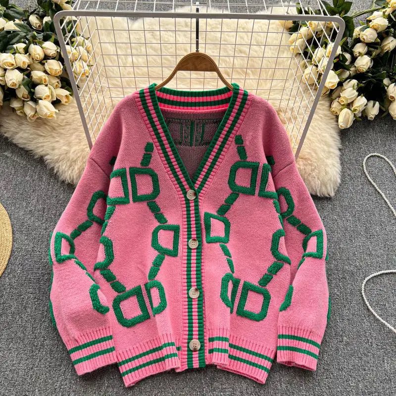 Drune | Damen Oversized Gestrickter Cardigan mit Geometrischem Druck