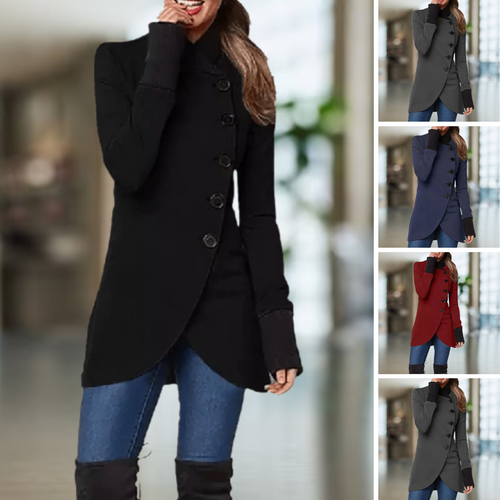 Drune | Mantel für Damen - Asymmetrischer Schnitt - Knopfverschluss - Hoher Kragen - Eleganter Slim Fit
