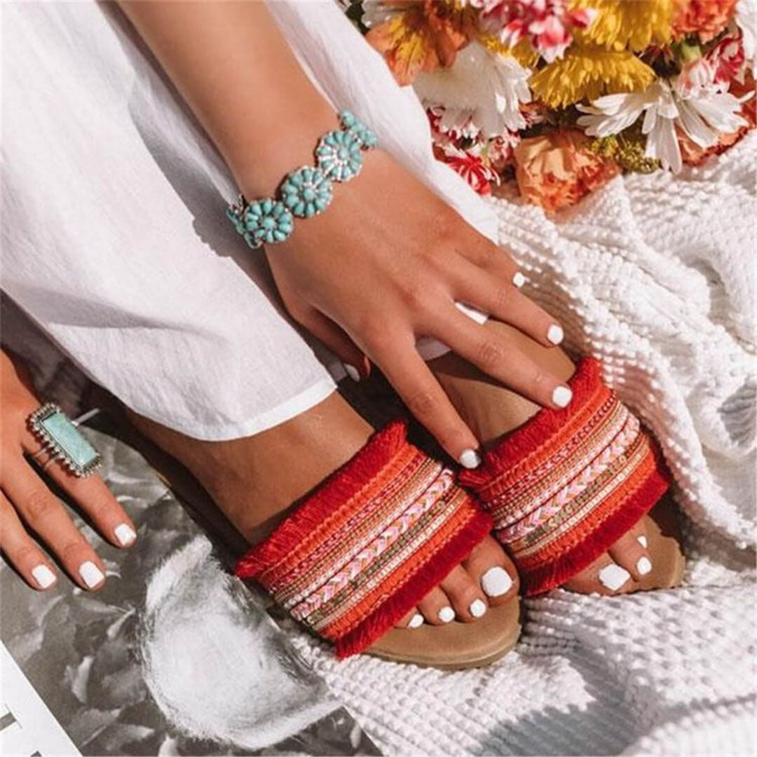 Drune | Pantoletten, Boho Stil, Flach, Sandalen, Sommerschuhe