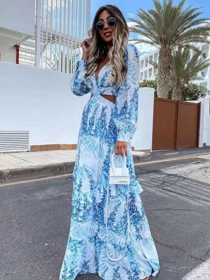 Drune | Elegantes Langarm-V-Ausschnitt-Kleid Mit Muster