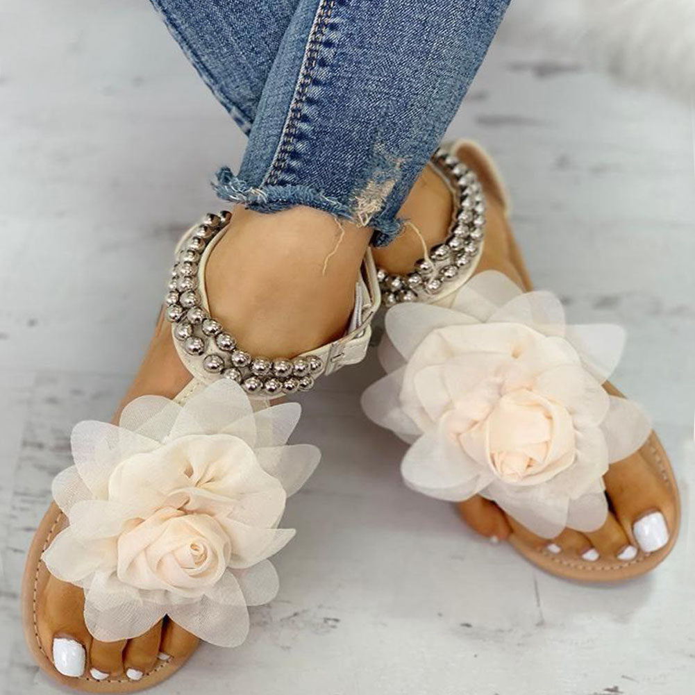 Drune | Bequeme Blumenperlenriemen Flache Sandale