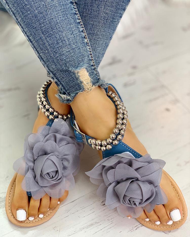 Drune | Bequeme Blumenperlenriemen Flache Sandale