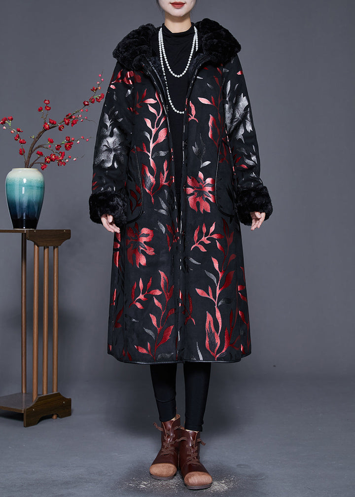 Drune | Größe Schwarzer Pelzkragen Druck Warm Fleece Mäntel Winter