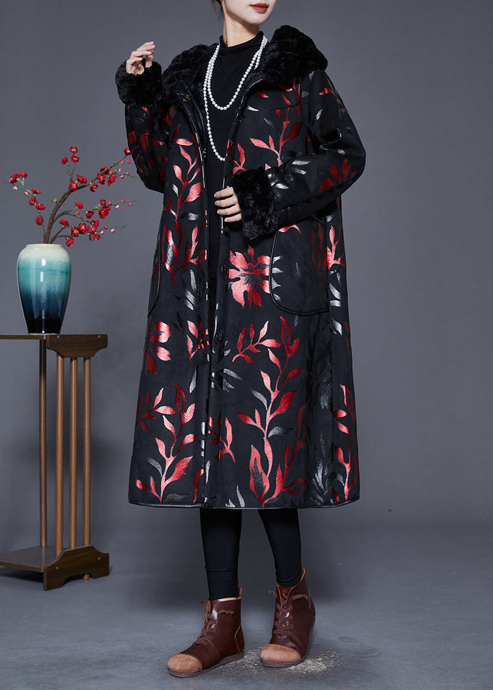 Drune | Größe Schwarzer Pelzkragen Druck Warm Fleece Mäntel Winter