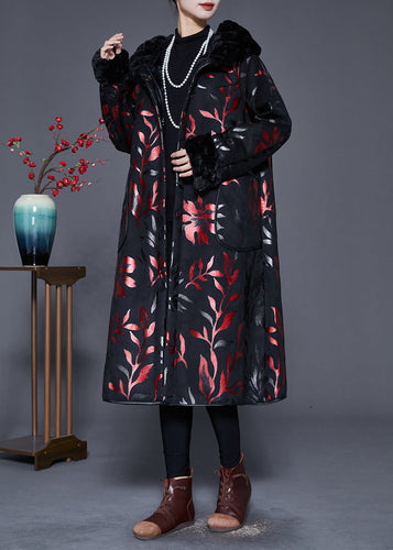 Drune | Größe Schwarzer Pelzkragen Druck Warm Fleece Mäntel Winter