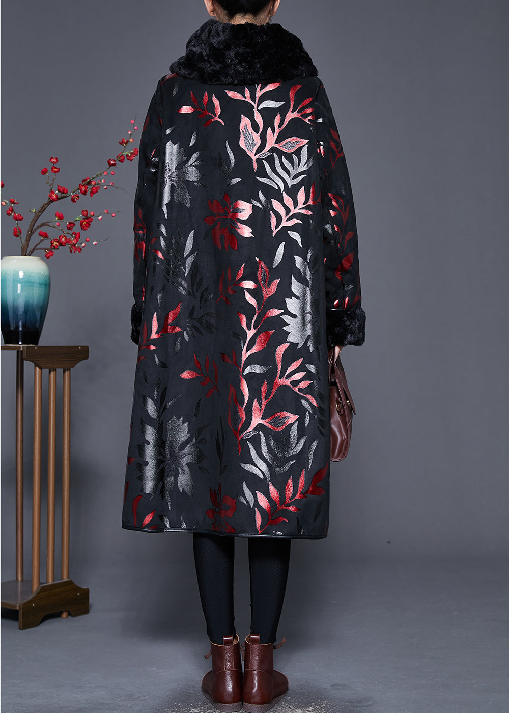Drune | Größe Schwarzer Pelzkragen Druck Warm Fleece Mäntel Winter