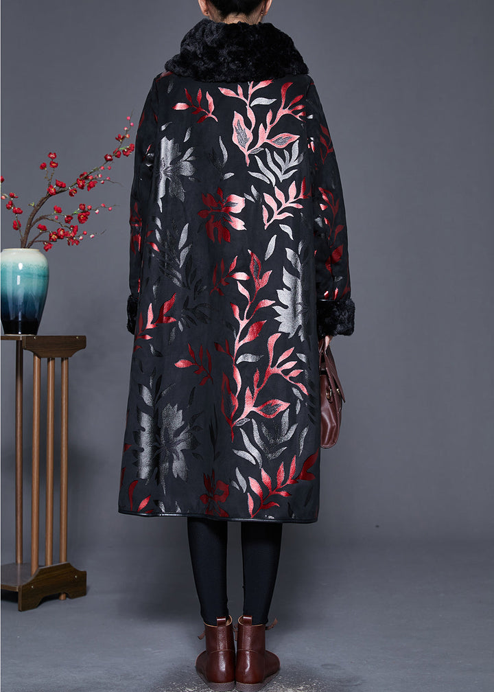 Drune | Größe Schwarzer Pelzkragen Druck Warm Fleece Mäntel Winter