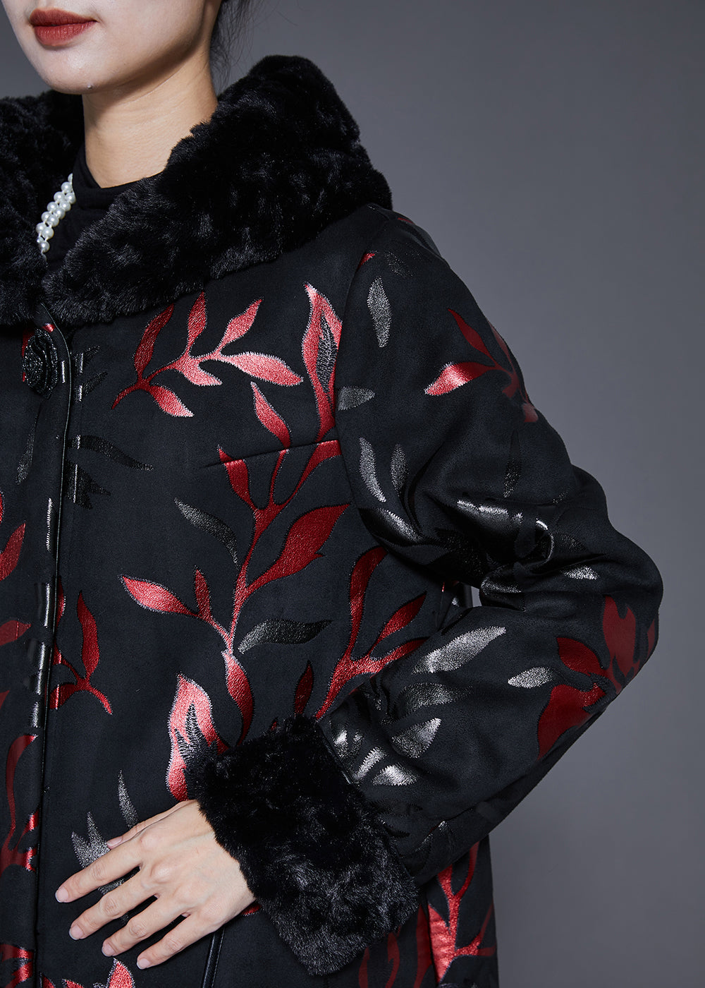 Drune | Größe Schwarzer Pelzkragen Druck Warm Fleece Mäntel Winter