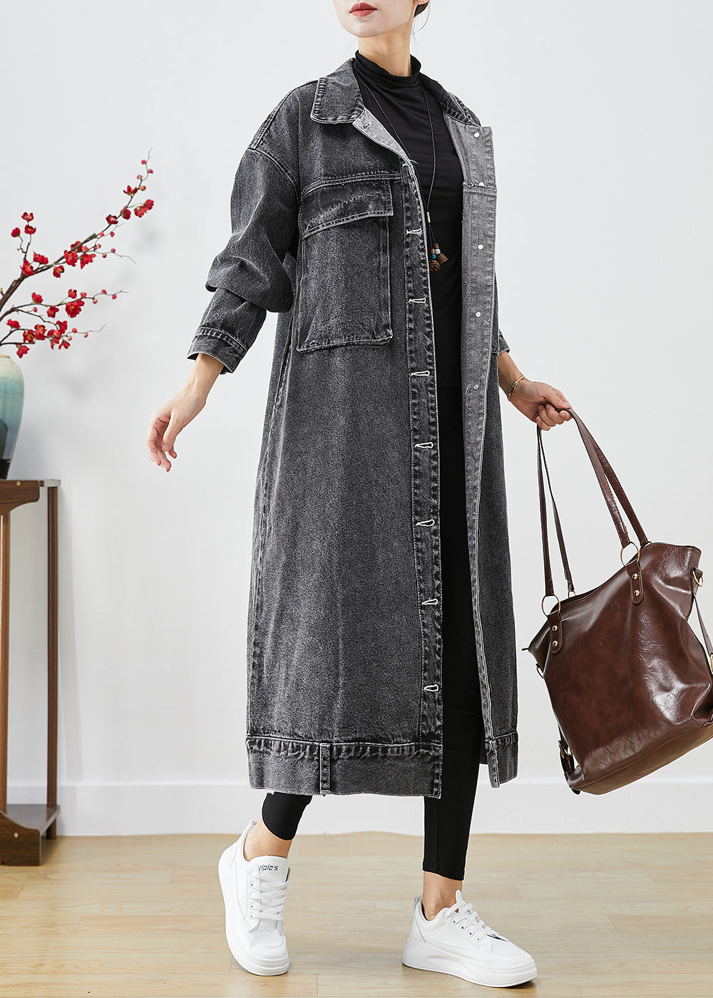 Drune | Größe Schwarze Übergröße Taschen Denim Trenchcoats