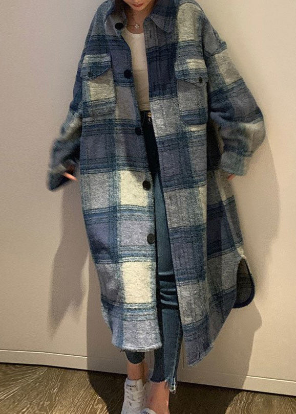 Drune | Größe Blaue Peter Pan Kragen Taschen Karierter Woll langer Mantel